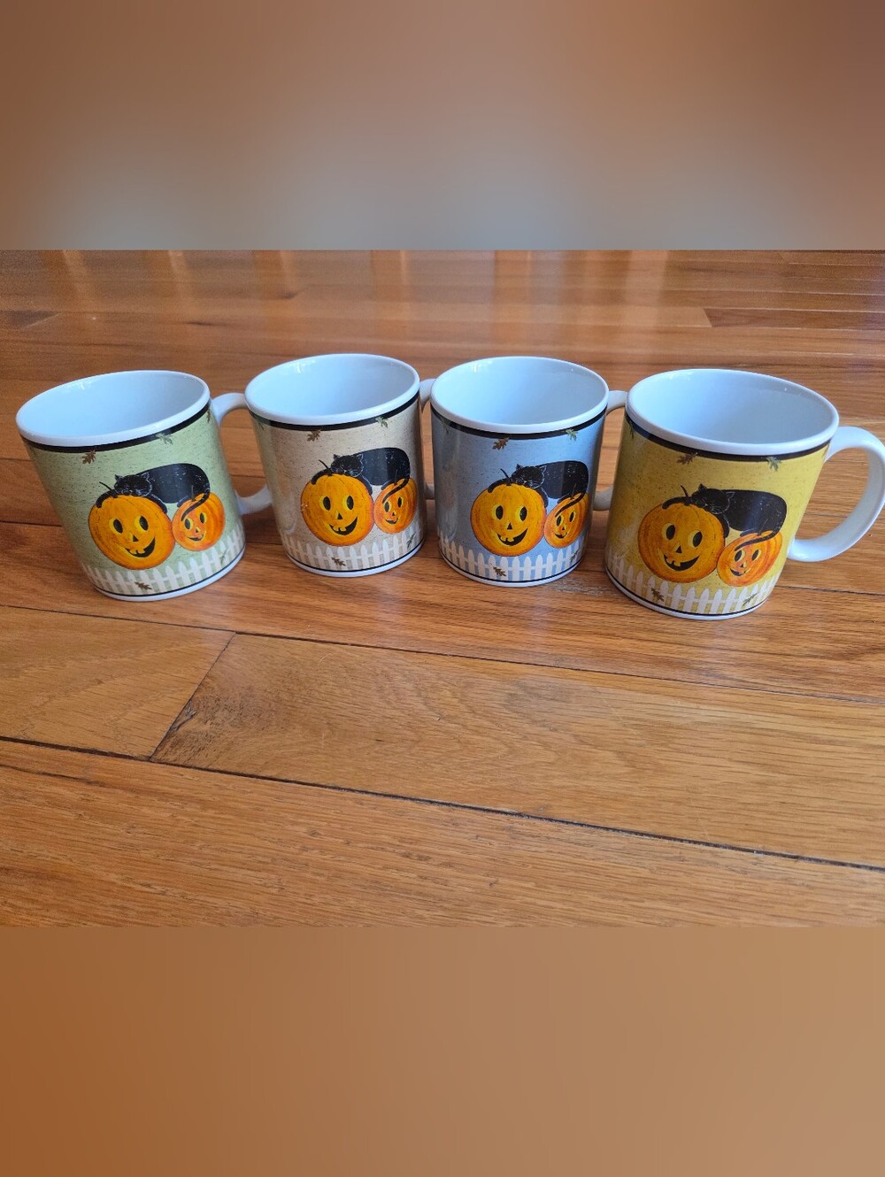 2000 Warren Kimble Halloween Cat Pumpkin Ceramic Mugs Set Of 4